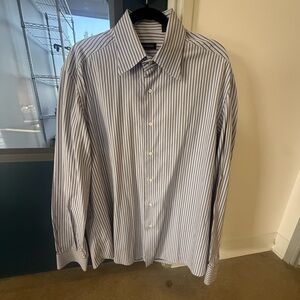 VALENTINO MENS BUTTON UP DRESS SHIRT, SIZE 44, BROWN/LIGHT BLUE